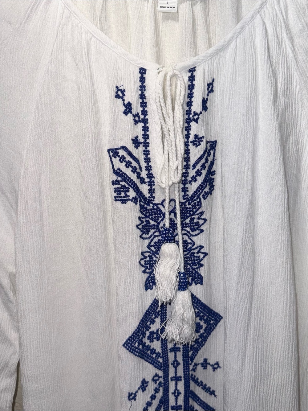 Ultra Pink L White Embroidered Boho Peasant Blouse Tassel Sheer Top - Picture 3 of 13